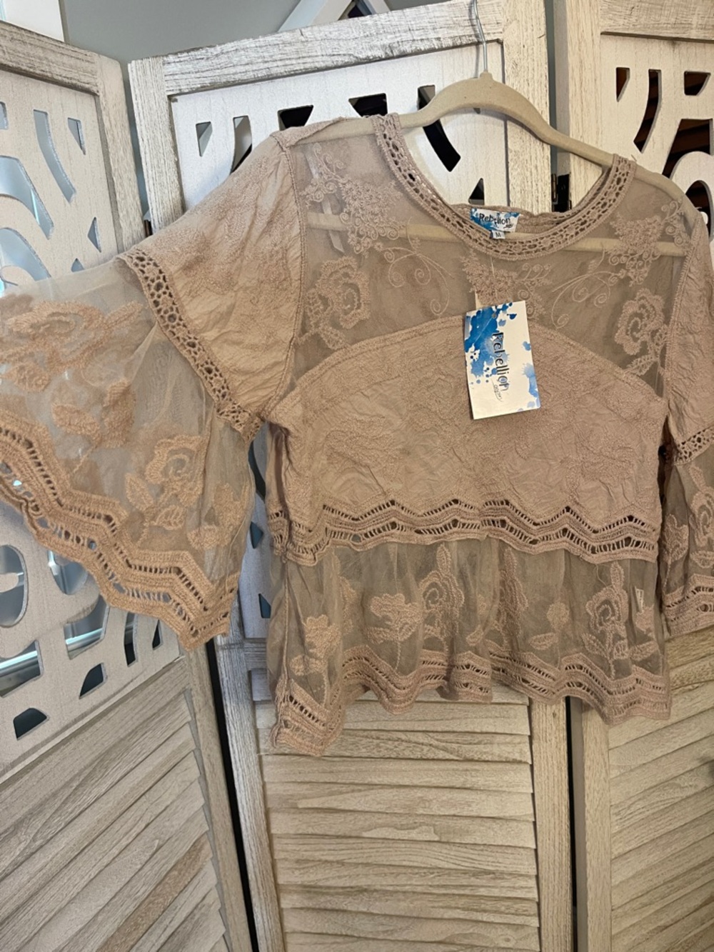Sheer Lace Bell-Sleeve Blouse in Taupe